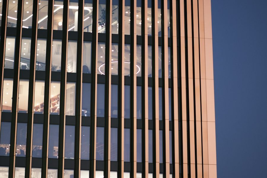 Modern office building with a glass lattice facade, representing the Industrial Machinery B2B Platform project